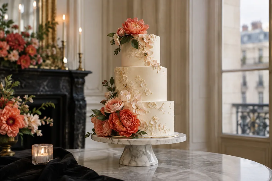 Hochzeitstorte · Editorial · KI-generiertes Beispielmotiv