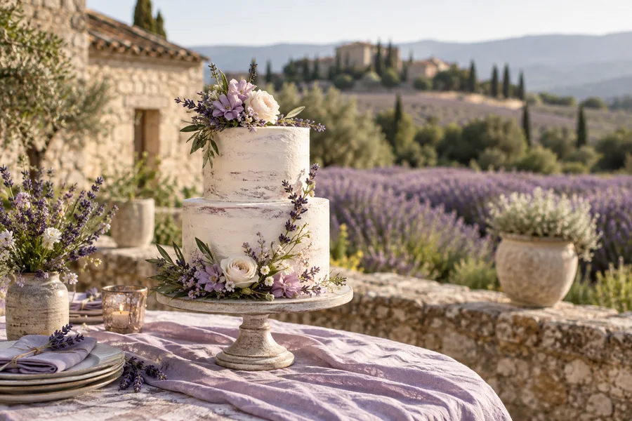 Hochzeitstorte · Lavender Garden · KI-generiertes Beispielmotiv