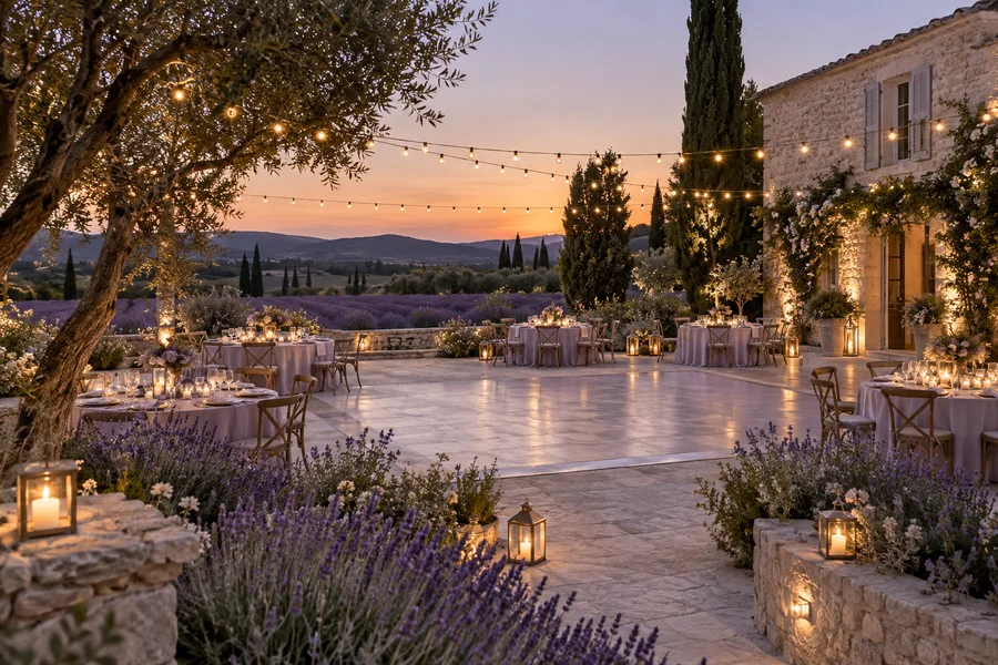 Feier am Abend · Lavender Garden · KI-generiertes Beispielmotiv