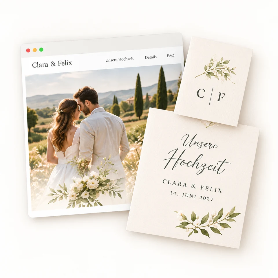 Gestaltungsillustration: Hochzeitswebsite, Monogramm und passende Einladung für Clara und Felix – KI-generiert