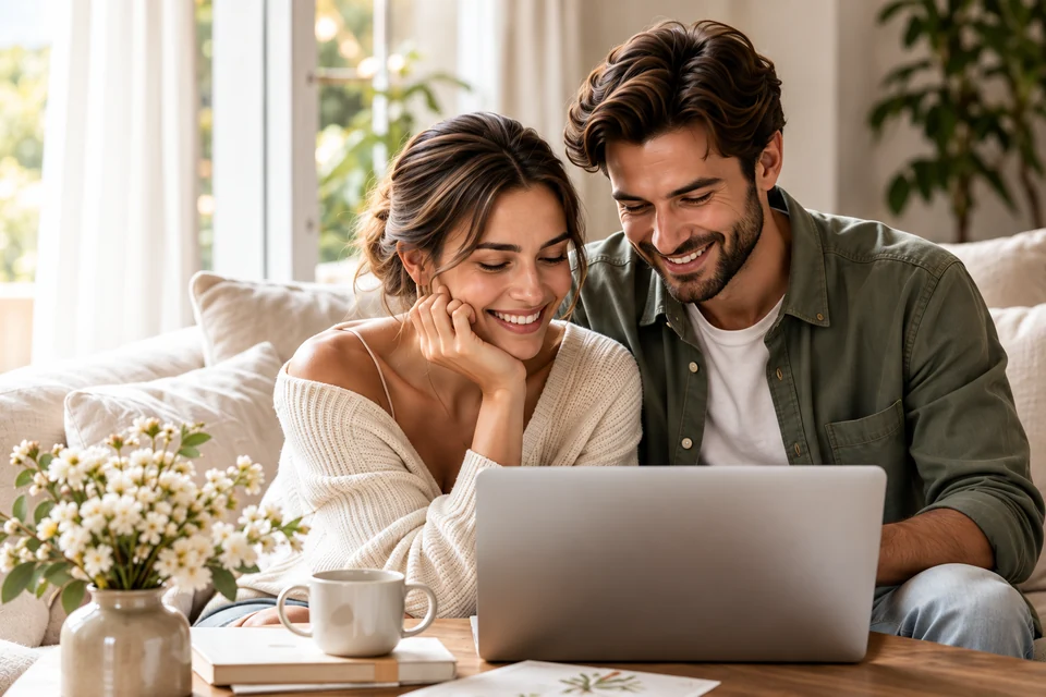 Ein Paar plant gemeinsam am Laptop auf dem Sofa – KI-Motiv