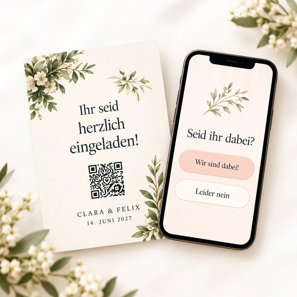 Gestaltungsillustration: Einladungskarte mit QR-Code und Smartphone für die digitale Zu- oder Absage – KI-generiert