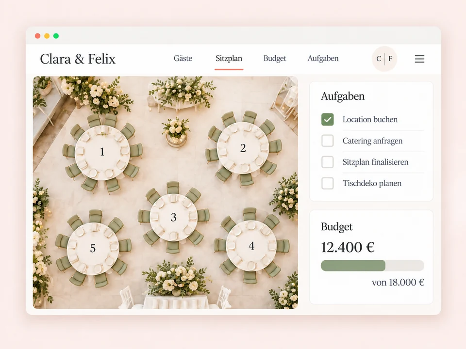 Planungsillustration mit fünf Hochzeitstischen, einer Aufgabenliste und einer Budgetanzeige – KI-generiert