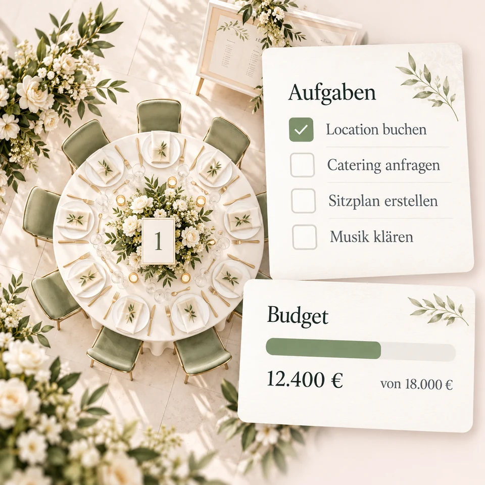 Planungsillustration: gedeckter Hochzeitstisch, Aufgabenliste und Budgetübersicht – KI-generiert
