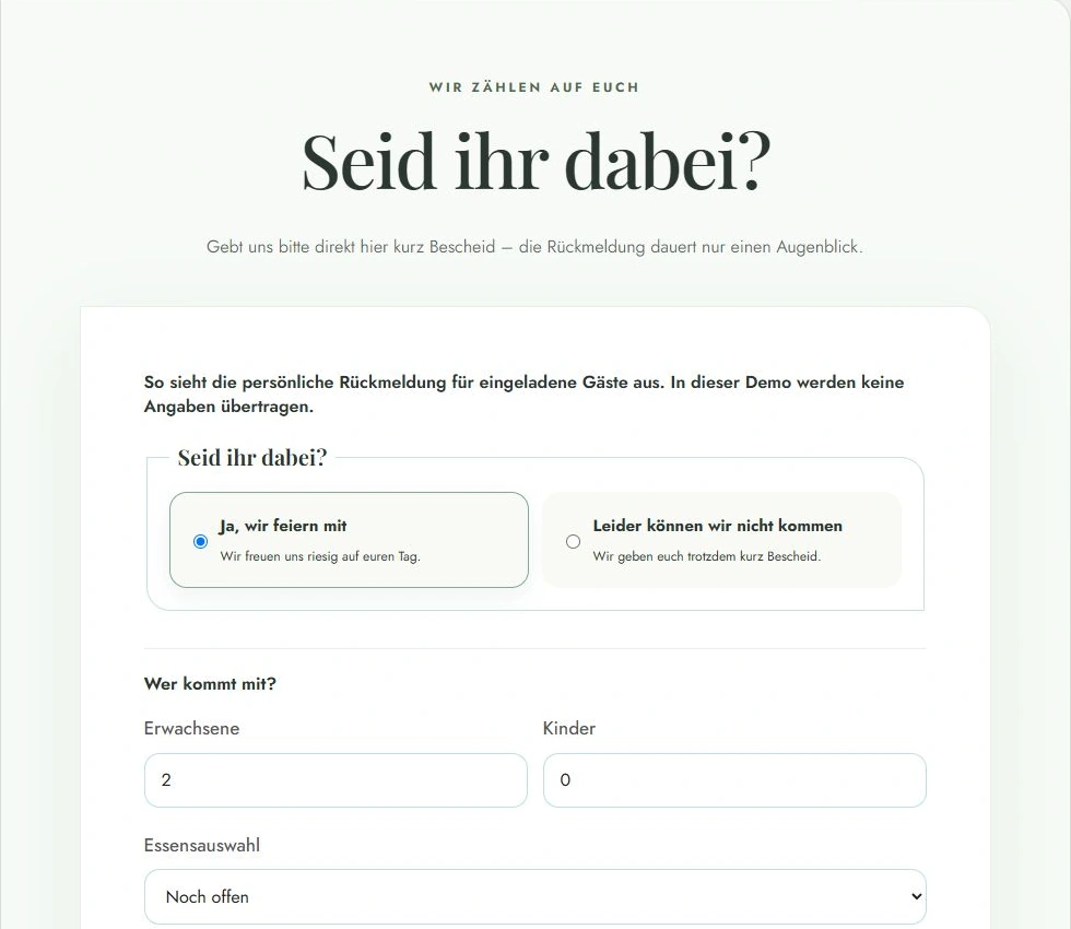 Persönliche Rückmeldung in der botanischen Beispielwebsite; Demonstration ohne Datenübertragung